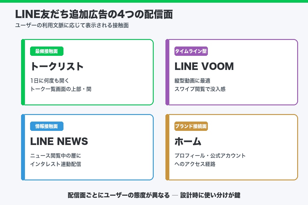 第2章 表示される4つの配信面｜トークリスト・VOOM・LINE NEWSなど友だち追加広告の枠