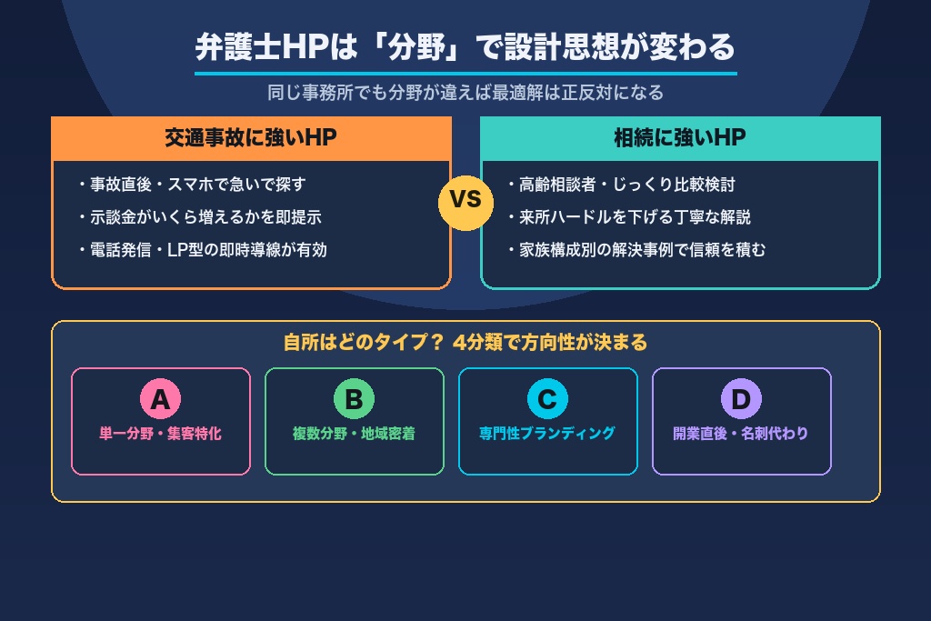 第1章 弁護士のホームページ制作は「分野」で設計思想が変わる｜診断で見つける自所のタイプ