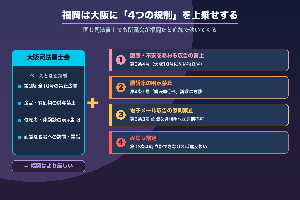 第2章 会ごとに違う司法書士の広告規則|詳細を公開する大阪・福岡を条文比較