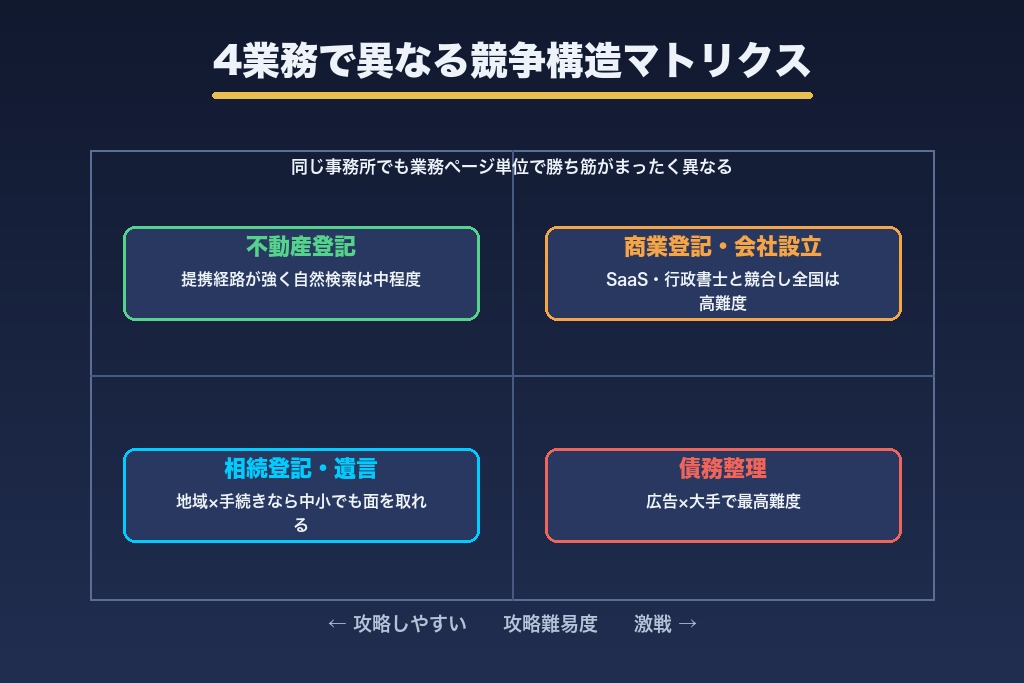 第2章 4業務で競争が別物になる司法書士SEOの競争地図|相続・商業登記・債務整理・不動産登記
