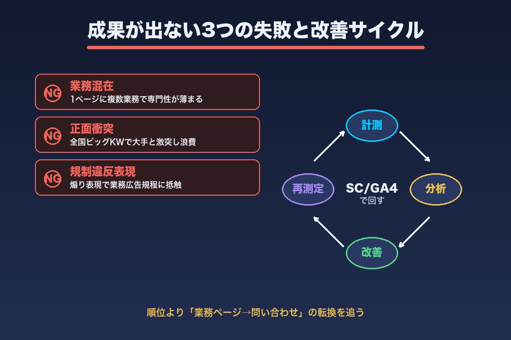 第9章 成果が出ない司法書士SEOの落とし穴と改善サイクル|失敗パターンと効果測定