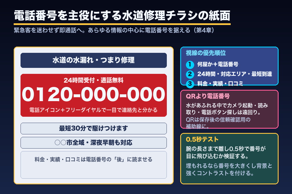 第4章 電話番号を主役にするレイアウト｜水道修理チラシで迷わせない導線設計