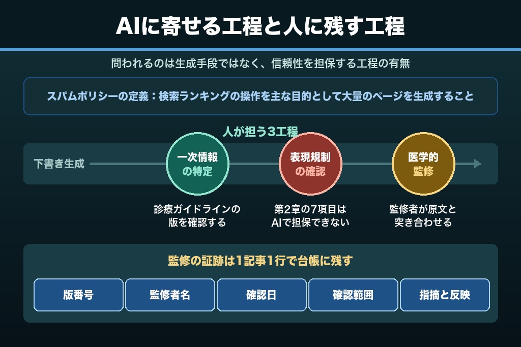第8章 YMYL領域の記事制作に生成AIはどこまで使えるか|大量生成の線引きと監修エビデンスの残し方