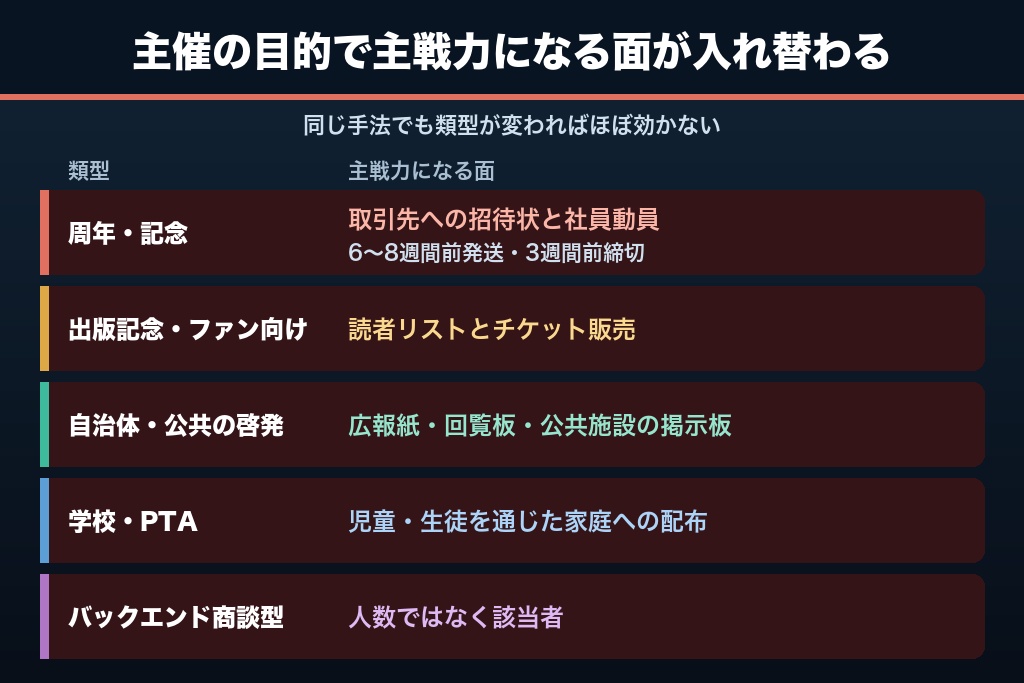 第3章 主催目的で変わる講演会の集客5類型|周年・出版記念・自治体啓発・学校PTA・商談型