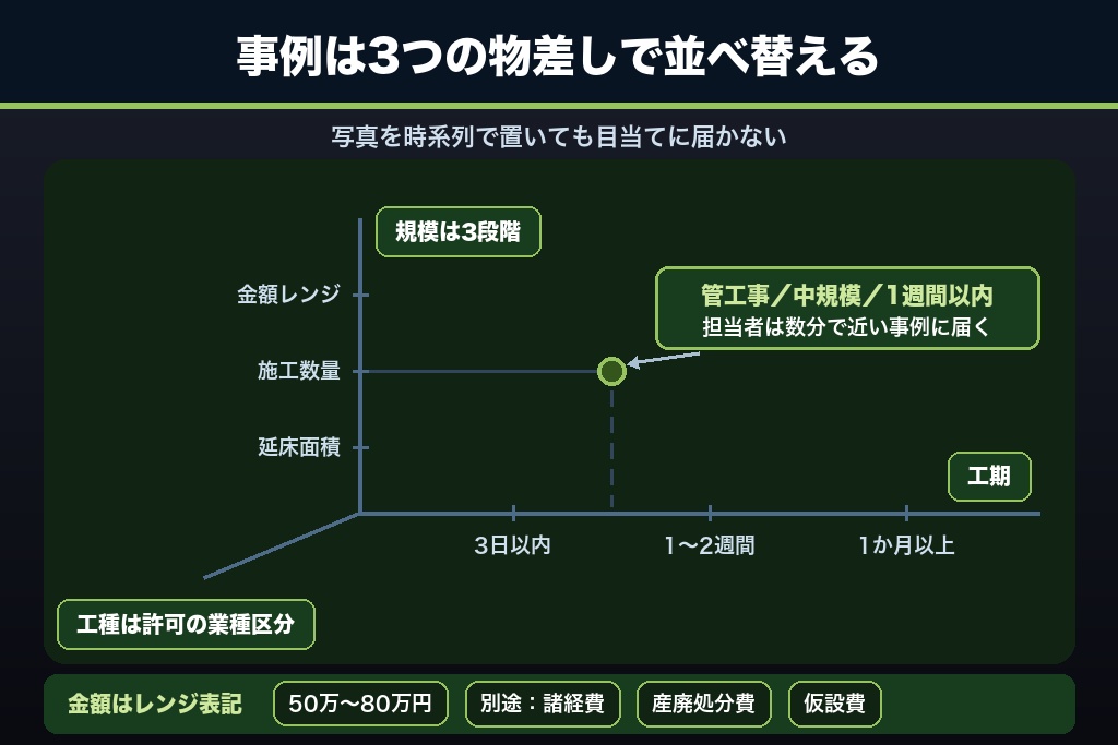 第5章 施工事例を受注につながる資産に変える3軸整理｜工種・規模・工期で並べる